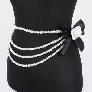 Layered Faux Pearl Flower Ribbon Belt